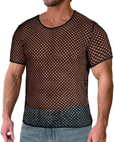 Men's Mesh Shirts Fishnet Fitted See Through Top Short Sleeve Cover Up(Black,M)