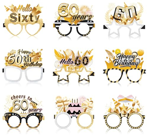 Konsait 60:e födelsedagsglasögon, 18-pack 60-årsdag pappersglas för män kvinnor, 60-årsdag fotorekvisita festtillbehör, hej sextio skål till 60 år 60-årsdag festgåvor