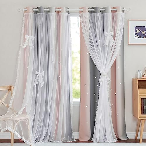 NICETOWN Kindervorhänge für Mädchenzimmer, mit durchsichtigen Vorhängen, 213,4 cm Länge, für Wohnzimmer/Kinderzimmer, 2 Bahnen, 132,1 cm breit, Rosa-Grau