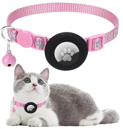 Ledeak Katzenhalsband mit Airtag Hülle, Reflektierend Verstellbar Airtag Halsband Katze, GPS Katzenhalsband mit Sicherheitsverschluss und Glöckchen, Cat Collar für Kätzchen, Katze (Rosa)