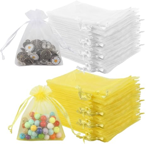 HJJMN 100 Stück Weihnachten Organzasäckchen – 8x10 cm, Weiß & Gelb | Organza Geschenkbeutel, Tüll Chiffon Beutel, Organza Schmuckbeutel, Geschenksäcke mit Kordelzug, Kleine Säckchen zum Befüllen