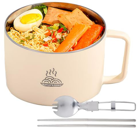 ZONJIE 1200ml Rapid Ramen Bowl with Filterable Lid - Stainless Steel Noodle Bowl with Spoon Chopsticks Rapid, Ramen Cooker Soup Bowls BPA Free with Handle, Portable Salad Pasta Bowl (Milky White)