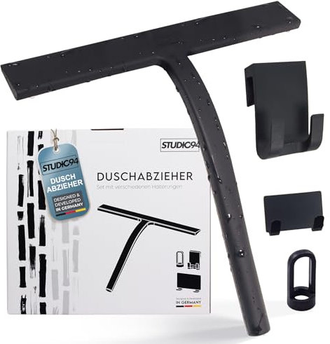Studio94 Duschabzieher – Abzieher für Dusche, Bad, Fliesen, Fenster, Spiegel – Material: schwarzes Silikon mit Edelstahlkern – inkl. diverser Halterungen – Montage ohne Bohren