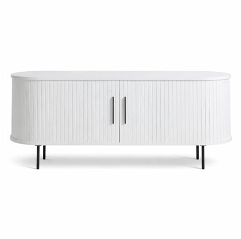 Liadomo Lowboard 120 cm, Uriel, TV-Schrank, Weiß | TV-Board, TV-Möbel, Kommode, Eiche Furnier, Lamellen-Optik, Stauraum, Schiebetüren, 2 Einlegeböden, hohe Metallbeine