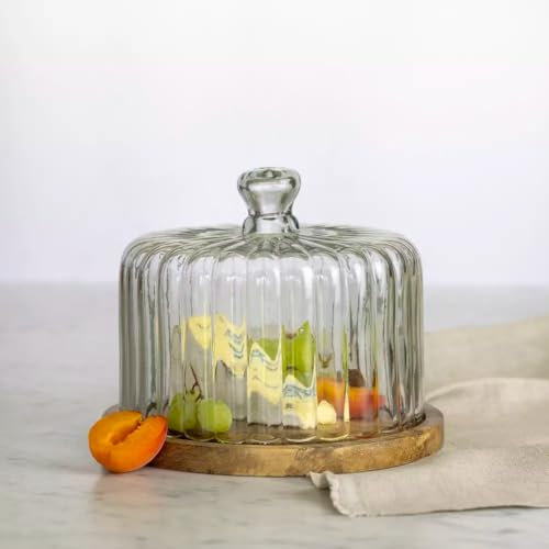 Glass Cloche with Wood Base, Ribbed Glass Cloche, Cake Dome, Cheese Platter, Cheese Board, Cake Display Plate, Glass Cake Cloche, Round Cake Storage, Cheese Board Plate with Lid