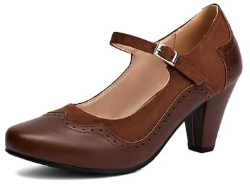 elerhythm Damen Mary Jane Classic und Retro 1920er Jahre Pump Heels Gatsby Oxford Muster 1950er Pinup Vintage Runde geschlossene Zehe 1940er Jahre Knöchelriemen Kleid Schuhe (Braun EU41)