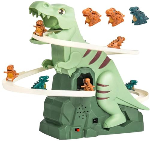 CHENRI Dino Rutsche Achterbahn Spaß, Dinosaurier Klettern Treppe Musik Spielzeug, Treppensteigen Spielzeug Elektrische Dino Slide Track mit Licht und Musik, Dino Rutschenspielzeug für Kinder