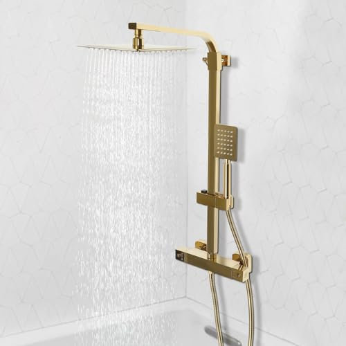 Sistema doccia termostatico con soffione doccia in acciaio inox, alloggiamento in ottone, girevole a 180°, regolazione della temperatura 0-176°F, con tubo in acciaio inox da 1,5 m, per hotel e casa