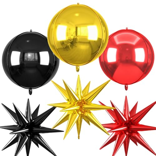 6pcs 22 inch Black Gold Red Star Balloons and 4D Large Foil Balloons, Black Red Star Balloon Gold 4D Foil Aluminum Balloon For Birthday Baby Shower Party Wedding Anniversary Engagement New Year