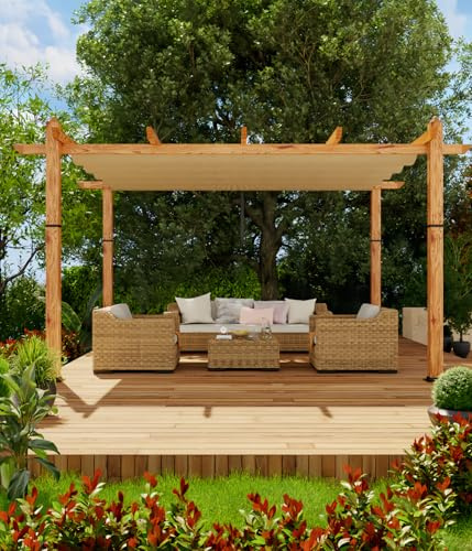 GAOMON Retractable Pergola 10' x 13' Aluminum Outdoor Pergola with Retractable Canopy Faux Wood Metal Pergolas for Patios, Backyard, Deck, Patio, Garden Porch Beach Pavilion Grape Trellis, Khaki