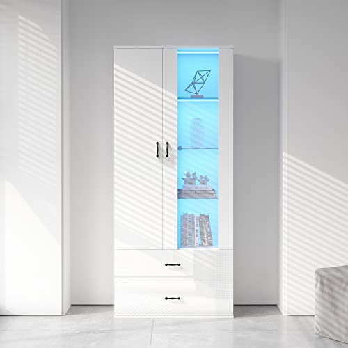 Festnight Vitrinenschrank Glas Vitrine Glasvitrine mit Led Beleuchtung Bücherschrank mit Glastüren Bücherregal Wohnzimmerschrank Standvitrine Wohnzimmer Schrank Weiß Mehrzweckschrank