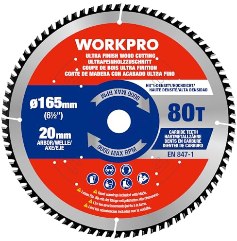 WorkPRO 165 x 20 mm cirkelsågblad, 80 ATB-tandsågblad med 1,8 mm skärbredd och 9 000 max. varv/min, handcirkelsågklinga perfekt för trä, kompatibel med flera märken