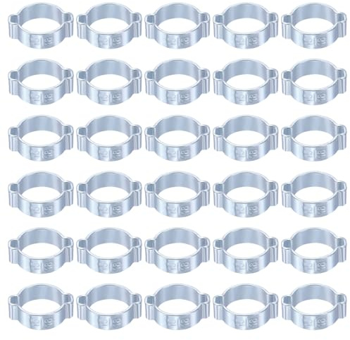 sourcing map 30pcs Double Ear Hose Clamp 15-18 mm Galvanized Steel Hose Clamp Double Ear O Clips Crimp Rings for Fuel Line Pipe Tube Fitting Connections, Silver