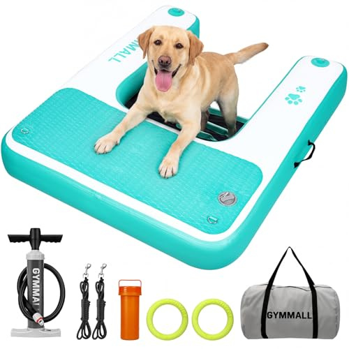 GYMMALL Piattaforma Gonfiabile per Cani 120x100cm, Rampa per Acqua per Barche, Piscine, Laghi e Mare, Piattaforma Galleggiante Antiscivolo per Cani fino a 93kg, Rampa in EVA con Scala per Cani