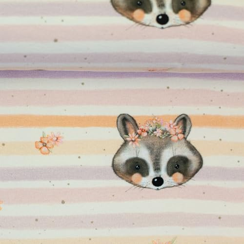 French Terry Stoff MONTY Waschbär – Kinder Sweatstoff | 95% Baumwolle 5% Elasthan | 245 g/m² | 150 cm | ÖKO-TEX | Stoff Meterware für Kinderkleidung (Waschbären, Streifen, apricot)