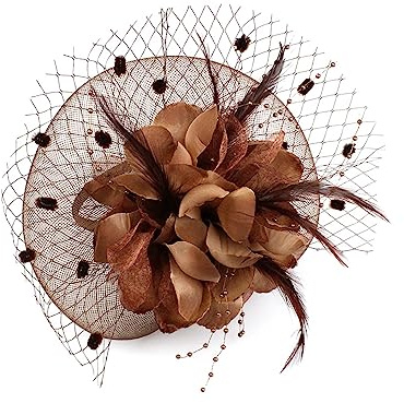 Fascinators per Capelli da Donna Fascinators Copricapo da donna con piume Cappello fiori for cocktail Ball Fascia Per le feste(Coffee)