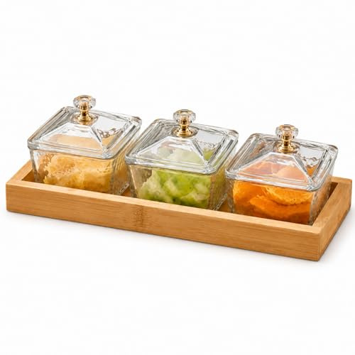 Raoletin Snack Tray Pots Set 3 Section with Lids and Wooden Serving Tray, Clear Decorative Snack Containers for Parties and Holidays, Removable Serving Platter for Snacks, Sweets, Nuts and Dessert
