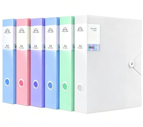 6 Pack Box Files A4, 75mm Spine Large Filing Boxes for Paperwork, Foldable Document Box Files with Label and Ring Pull for Home Office, School Archive, Waterproof Morandi Colors Foolscap Box Files