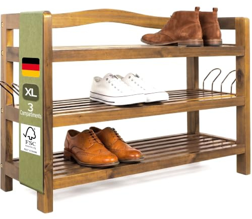 Casaria® Schuhregal mit 3 Ebenen 85x26x62cm FSC®-Zertifiziert Akazien Holz Massiv Bad Diele Flur Bad Schuhschrank Schuhaufbewahrung Schuhständer Braun