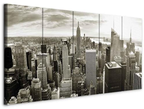 B&D XXL - Leinwandbild Skyline NYC Stadt, 200x80 cm, 5-teilig, Schlafzimmer | Hochwertige Leinwand, sofort aufhängbar, ideal fürs Wohn- oder Schlafzimmer, wasserfest und lichtecht, langlebig, stilvoll