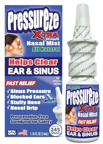 Pressureze Xtra - Natural- Preservative Free - Sterile Nasal Spray - for Severe Sinus Congestion Relief - Opens Blocked Ear Canals, Snoring - 245 Sprays, 34 ml (Pack of 1)