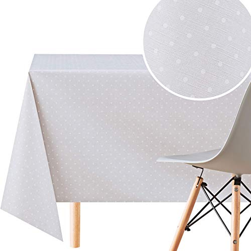 KP HOME Grau Retro Wachstuchtischdecke mit Weiß Punktmuster, Abwischbare Tischdecke PVC Rechteckige 200x140cm - 6 Sitzplätze, Tupfen Vinyl Wachstuch, Küchentischdecke Pflegeleicht Wasserdichtes