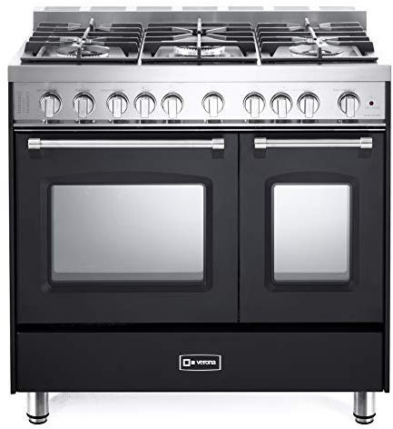 Verona VPFSGG365D 36 inch Prestige Series Freestanding Gas Double Oven Range with 5 Sealed Burners, 3.9 cu. ft. Oven Capacity, Convection in Matte Black