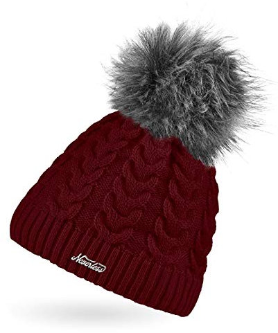 Neverless® Damen Strick-Mütze gefüttert Fell-Bommel Kunstfell Bommelmütze Fleece-Innenfutter Zopfstrickmuster Bordeaux