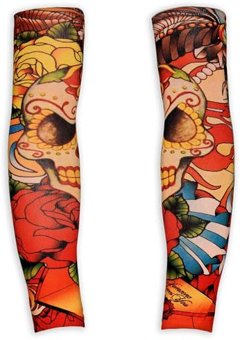 W WIDMANN MILANO Party Fashion 29357 - Tattoo-Ärmel Totenkopf und Rosen, 1 Paar, sehr realistisch, Armstrümpfe, Biker, Rocker, Sträfling, Verbrecher, Karneval, Mottoparty