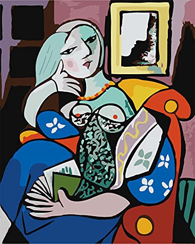 Meecaa Malen nach Zahlen lesende Frau hübsch Berühmt Picasso Kit für Erwachsene Anfänger DIY Ölgemälde 40,6 x 50,8 cm (Frau, gerahmt)