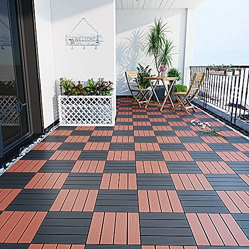 10PCS Indoor Outdoor Square Plastic Wood Flooring Tiles Patio Garden Pools Wooden Decks Slabs Decking Floor Interlocking Tiles,30cmx30cm(Brown)