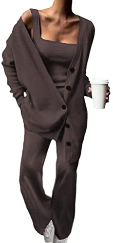 Minetom Tuta da Ginnastica Donna Tute Pullover Canotta Cardigan Pantaloni Set Maglia Completo Sportswear 3 Pezzi caffè M