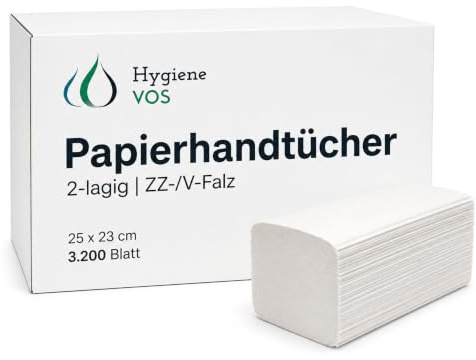 Hygiene VOS Papierhandtücher Zellstoff Hochweiß, 3200 Blatt, 2-lagig, V-Falz ZickZack, 25 x 23 cm, für Gastronomie, Praxen, Büros. Kompatibel mit H3 Spender von Tork