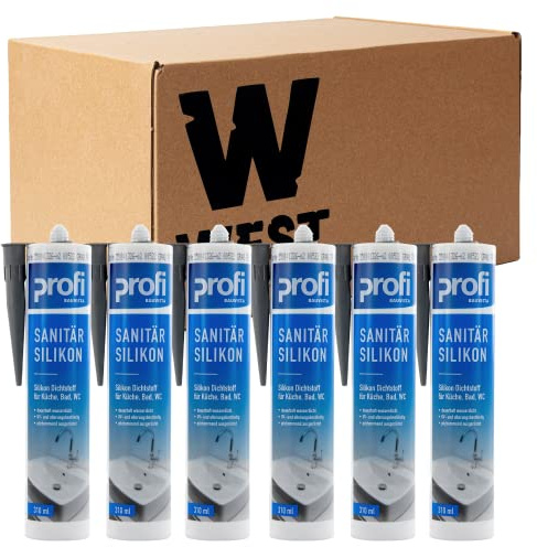 W West Boxx Set aus 6x Profi Sanitär Silikon 310ml, Sanitärsilikon grau, Dichtstoff wasserdicht, ideal für Sanitärbereich, Küche, Bad, WC, Glas, Fliesen, Keramik