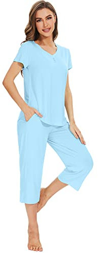 WiWi Bambus-Viskose-Pyjama-Set für Damen, Sommer, V-Ausschnitt, Nachtwäsche, Pjs, kurzärmelig, Tops mit Caprihose, Lounge-Sets S-XXL, B-Blassblau, M