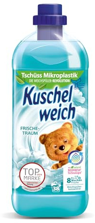 Kuschelweich Weichspüler Frischetraum, Hautverträglichkeit dermatologisch bestätigt, Weichspüler Kuschelweich ohne Mikroplastik, 1 Liter bis zu 38 Waschladungen, 1037.48 grams