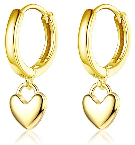 JeweBella Boucles d'Oreilles Pendantes Coeur en Argent 925 pour Femmes, Enfants, Filles - Hypoallergénique, Cartilage, Créoles avec Pendentif - Argent/Or