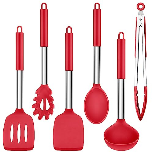 Herogo Juego de utensilios de cocina, 6 piezas de utensilios de cocina de silicona, mango de acero inoxidable resistente al calor, herramientas de cocina antiadherentes, set de espátula de silicona y