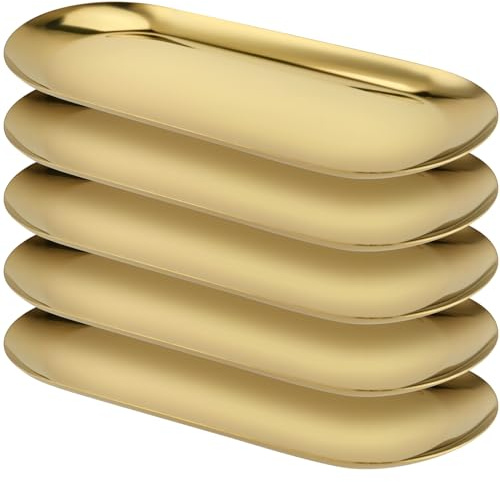 YUENPUN 5 bandejas ovaladas doradas para espejo, bandejas de joyería de acero inoxidable, bandeja de tocador para maquillaje, joyas, organización de objetos pequeños, 23 x 9 cm