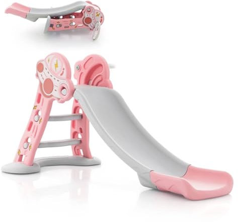 COSTWAY 3 in 1 Large Kids First Slide, Toddler Climber Slide Set with Basketball Hoop, Small Basketball & Safe Buffer Zone, Indoor Outdoor Freestanding Slider Playset Baby Playground (Pink)