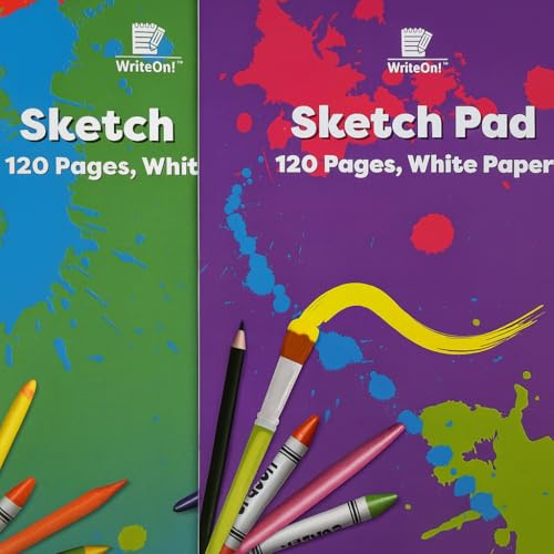 1x A4 Sketch Pad – 120 Pages White Paper – Drawing & Colouring Book for Artists, Kids, Students & Hobbyists – WriteOn! Design – Random Colour Cover (Purple or Green)
