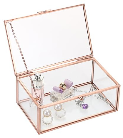 TOLIDA Kleine Vintage-Glasbox mit Deckel, rechteckig, für Ringe, Armbänder, Halsketten, Tischaufbewahrung (Roségold)