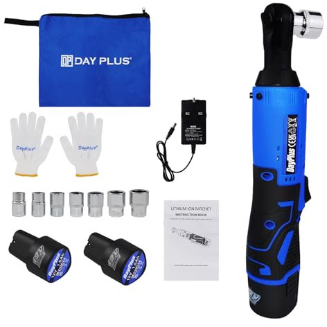 DayPlus 12V Akku-elektrischer Ratschenschlüssel Set mit 2 x 1.5Ah Li-Ionen Batterien und Schnellladegerät, 3/8 Sq Antrieb, 2300 RPM, 40Nm elektrischer Ratschenschlüssel mit 7Sockeln