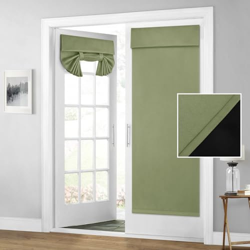 HOMEIDEAS 100% Blackout French Door Curtain, 26 X 68 Inch Room Darkening Window Shade, Thermal Insulated Privacy Panel for Bedroom (1 Panel, Sage Green)