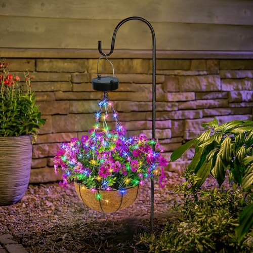 NEWNEN Solar Hanging Flower Basket Artificial: Solar RGB String Lights 10 Inch Coconut Lining Hanging Baskets with Artificial Flowers for Patio Lawn Garden Decor- Violet