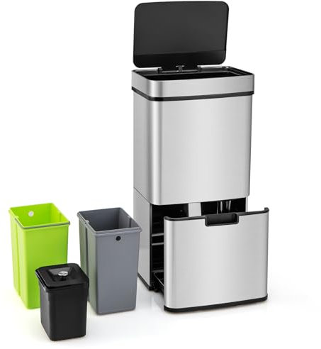 COSTWAY 72L Mülleimer 4 Fächer, elektrischer Abfalleimer mit Sensor, Mülltrennsystem 2 x 11L + 3,5L + 46,5L, Küchenabfalleimer sanft Verschluss für Küche Büro, Silber + Schwarz