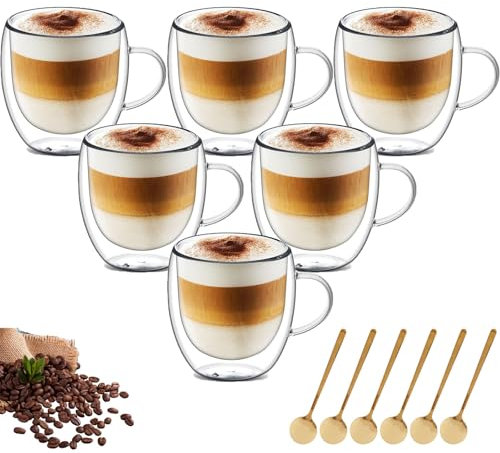 MUXHEL 6PCS 250ml Double Walled Glass Mugs for Hot Drinks with Handles & Spoon Glass Coffee Mugs Coffee Glasses Insulated Glass Coffee Cup Heat Resistant for Latte Tea Cappuccino Milk Juice