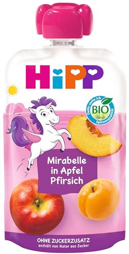 HiPP Bio Quetschie Mirabelle in Apfel-Pfirsich - Ellis Einhorn (8 x 100g), ab 1 Jahr, 100% Fruchtpüree, ohne Zuckerzusatz, vegan, in bester Bio-Qualität