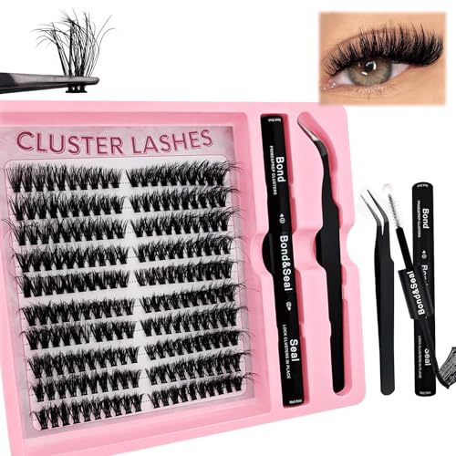 200 Pcs DIY Wimpern Extensions Set 8-16mm Mixed Flauschiges Wimpern Einzeln Individuelle Falsche Wimpern Cluster mit Wimpernkleber und Pinzette für Anfänger Wiederverwendbar Wimpernbüschel (5K)