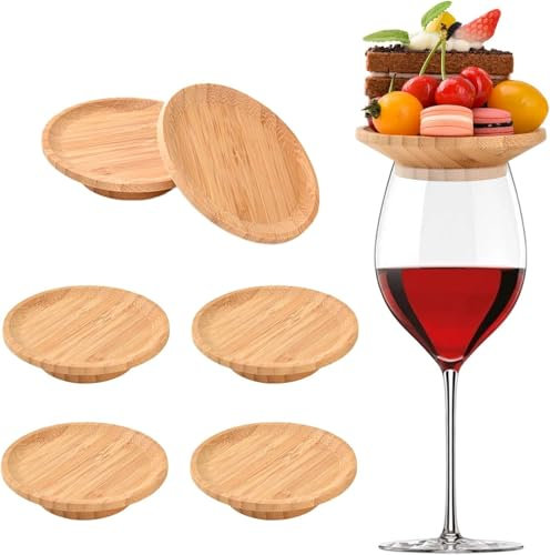 Pack of 6 Wine Glass Toppers, Bamboo Charcuterie Topper, Wooden Attachment, Appetizer Plate, Covers, Drinking Lid for Desserts